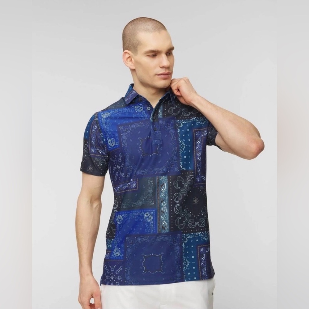 G/FORE Polo Shirt Mens XL Blue Paisley Bandana Print Performance Golf NWOT